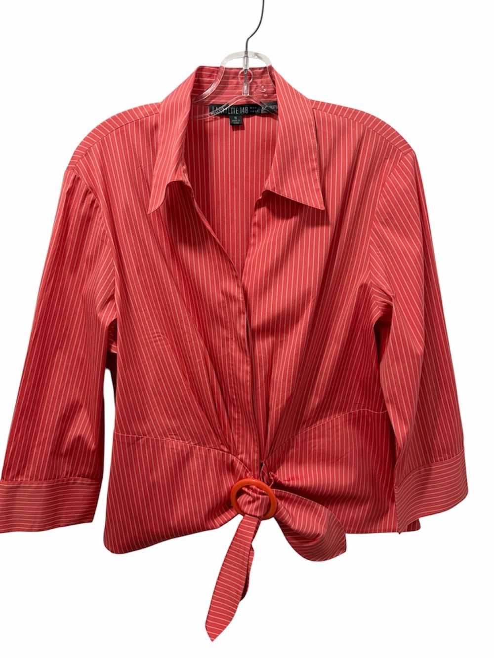 Lafayette 148 New York Red Coral Pinstripe Buckle Tie-Front Blouse - Size 16